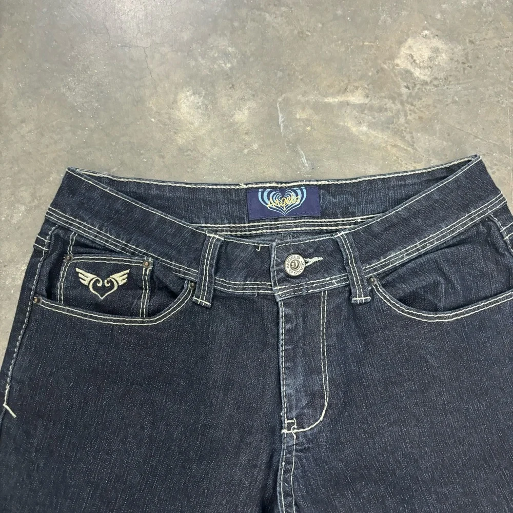 Angels Denim Flared Bootcut Y2K Jeans Dark Blue Womens 5 Mallgoth Preppy - Picture 2 of 6